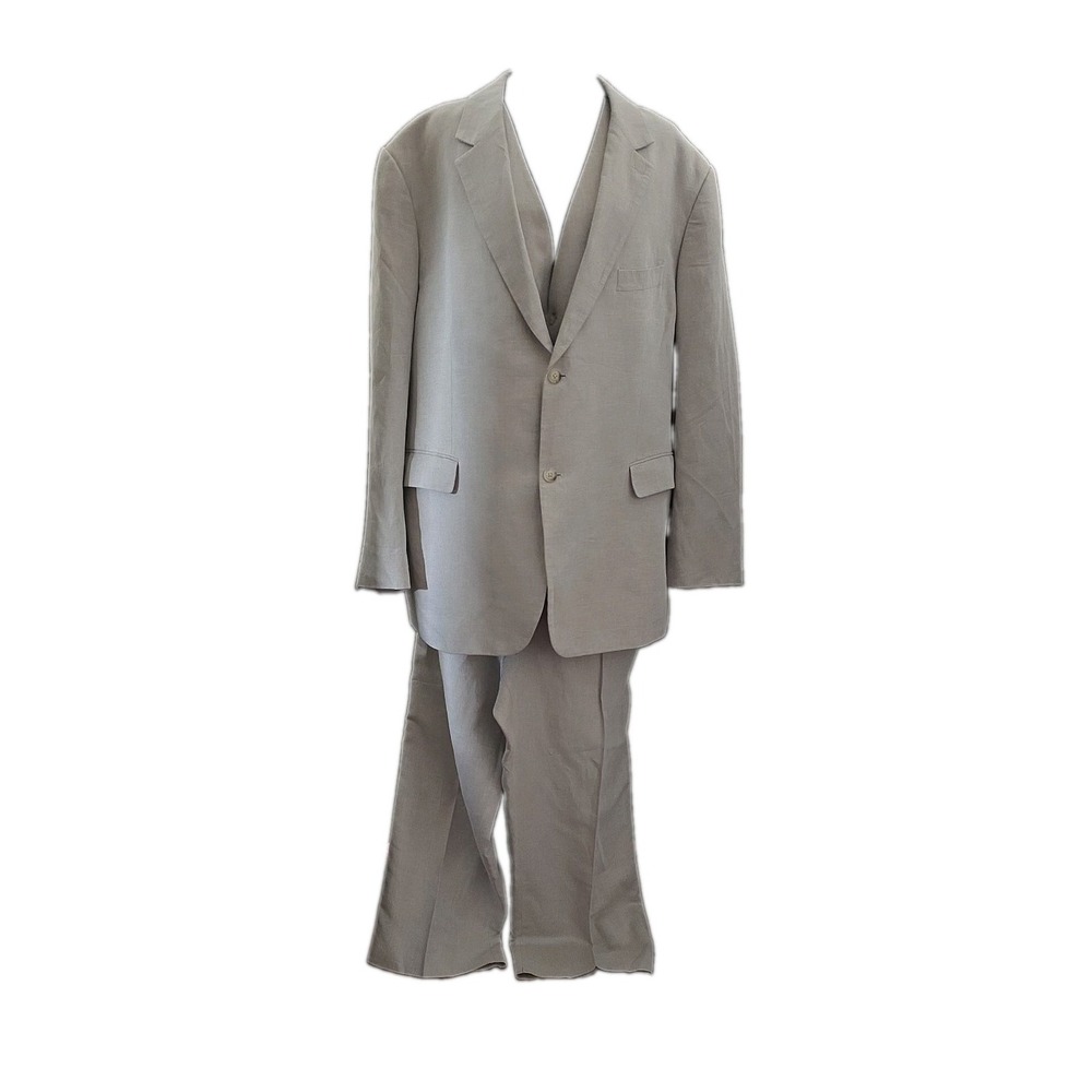 NWOT Perry Ellis 3-Piece Cream Linen Cotton Suit Jacket 50R Vest 2X Pants 48x30